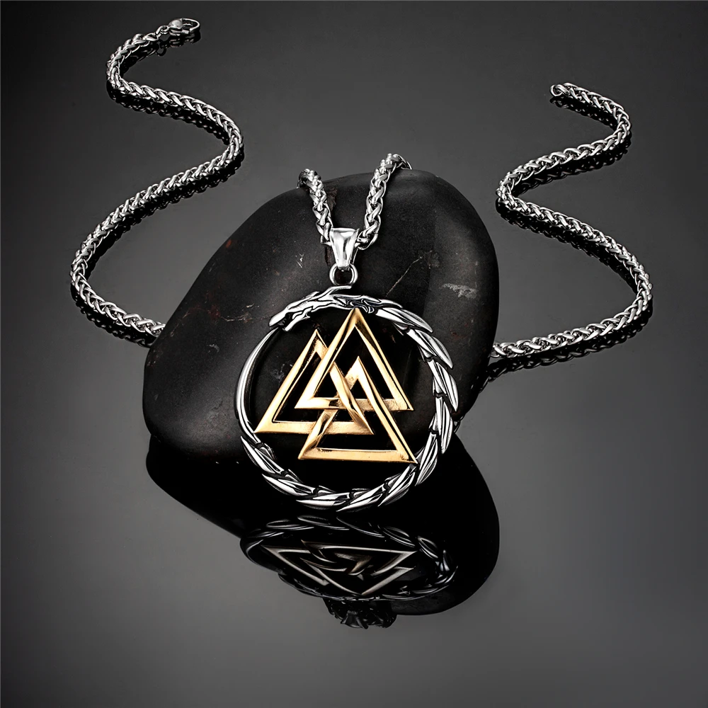 Punk Vikings Dragon Stainless Steel Necklace Mens Nordic Runes Pendant Triangle Vegvisir Amulet Scandinavian Ouroboros Jewelry