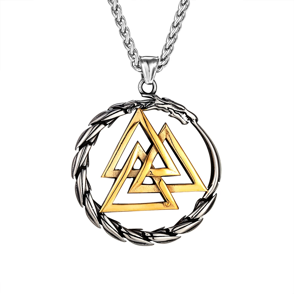 Punk Vikings Dragon Stainless Steel Necklace Mens Nordic Runes Pendant Triangle Vegvisir Amulet Scandinavian Ouroboros Jewelry