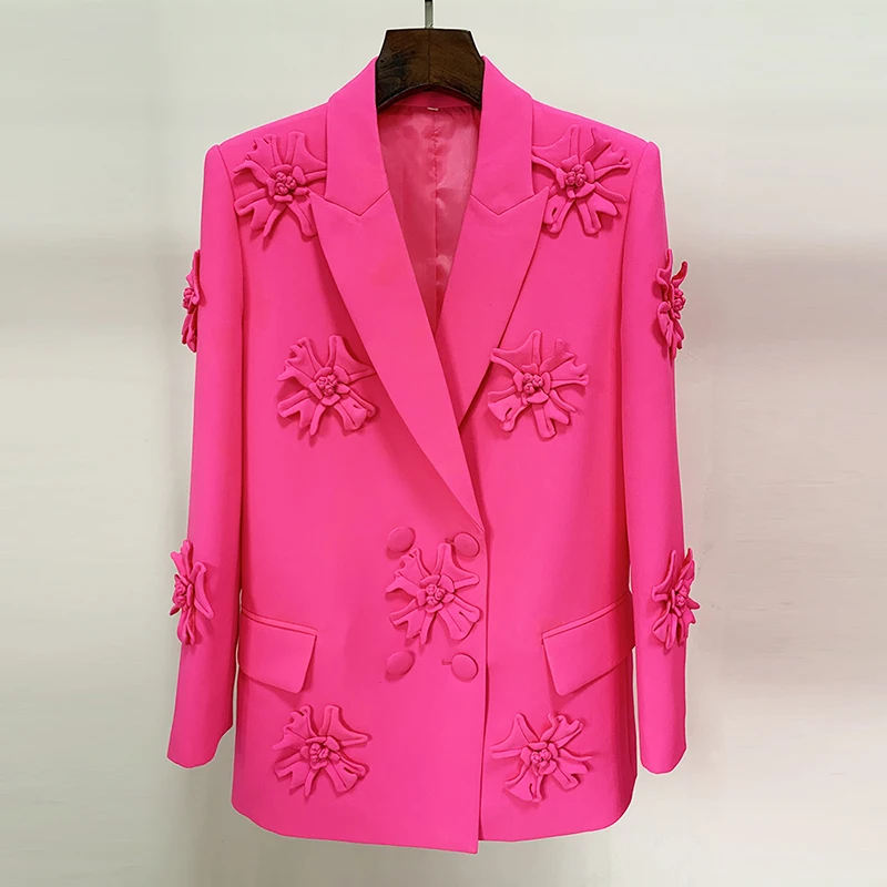 HIGH STREET Newest 2026 Fashion Designer Jacket Women's Stereoscopic Flowers Appliques Double Breasted Long Blazer