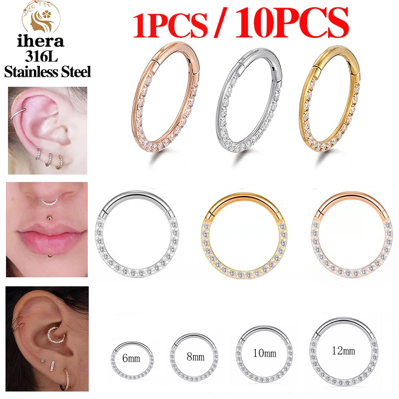 1/10PCS Stainless Steel Nose Rings Septum Clicker CZ Zircon Hinged Segment Round Earrings Hoops Ear Cartilage Piercing Jewelry