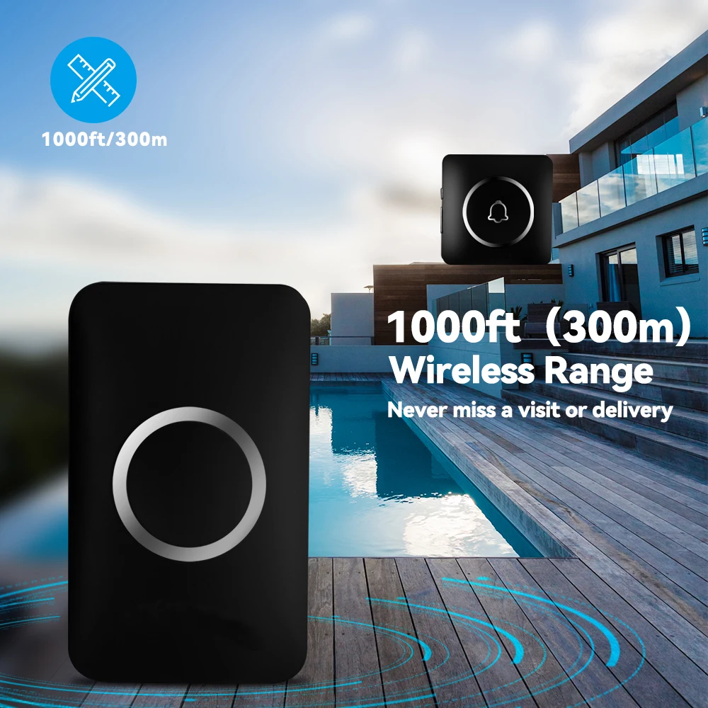 Meian Wireless Door Bell, Welcome Chime, 300M Long-range Remote LED Flash Doorbell, Security Alarm, Waterproof, 60 Songs