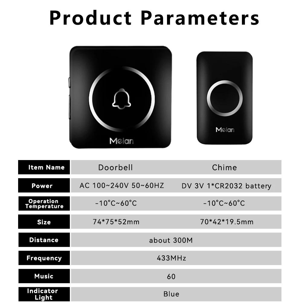 Meian Wireless Door Bell, Welcome Chime, 300M Long-range Remote LED Flash Doorbell, Security Alarm, Waterproof, 60 Songs
