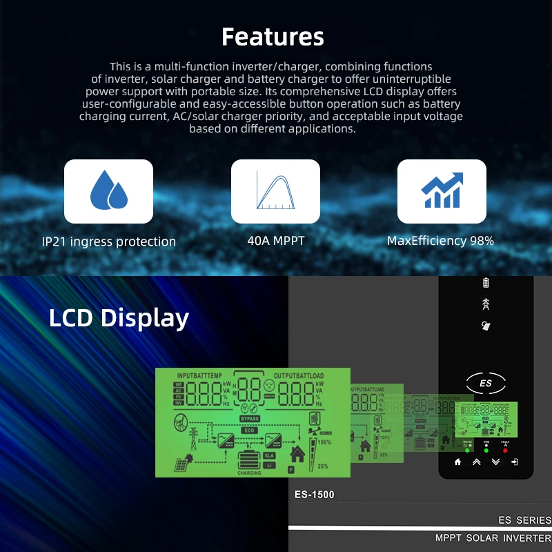 Hybrid Solar Inverter 1KW 3KW 4.2KW 6.2KW 10.2KW Build-in Mppt Controller 500VDC PV Input 230VAC 12V 24V 48V Pure Sine Wave