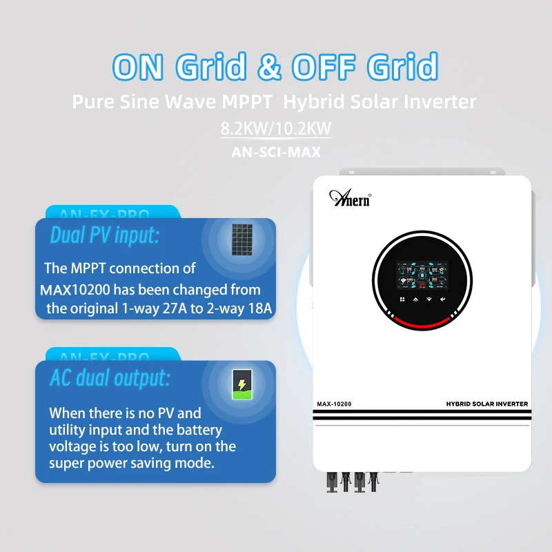 Hybrid Solar Inverter 1KW 3KW 4.2KW 6.2KW 10.2KW Build-in Mppt Controller 500VDC PV Input 230VAC 12V 24V 48V Pure Sine Wave