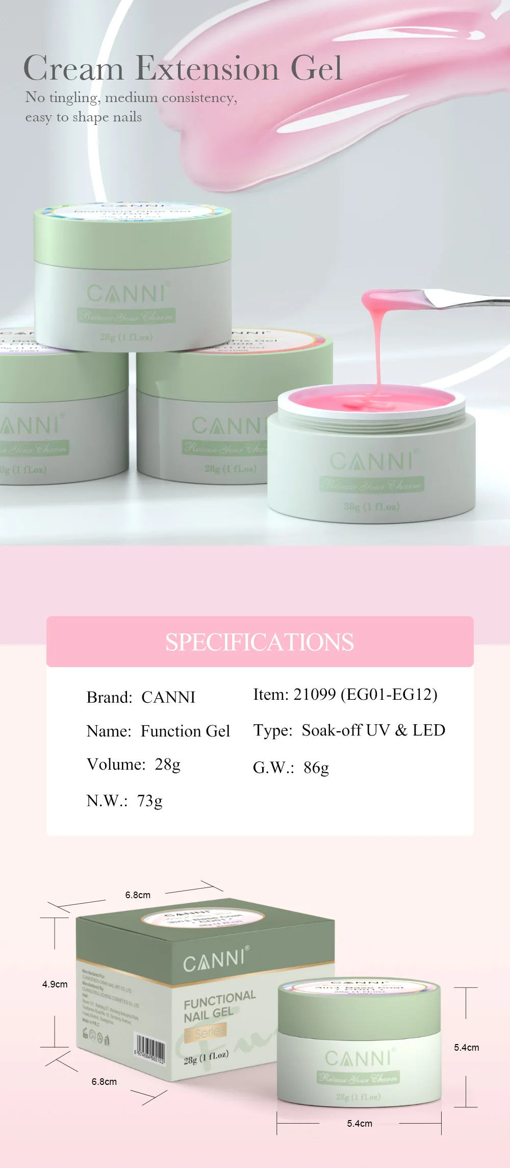 CANNI Cream Extension Gel Venalisa Jelly Gel Milky White UV Construction Gel Soak Off Self Leveling Builder Nail Gel Polish