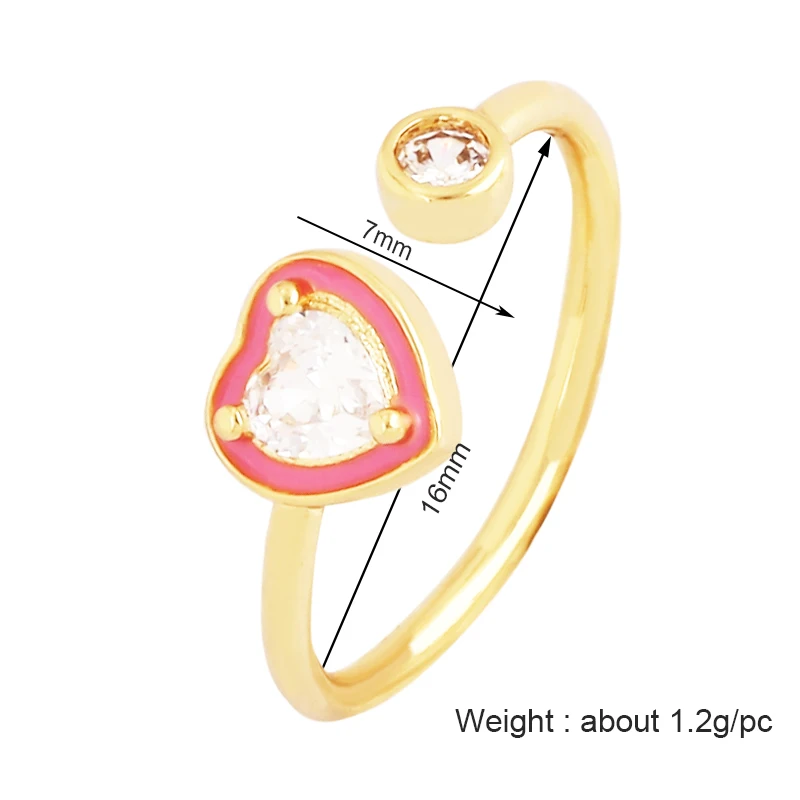 Love Heart Shape 18K Gold Plated Finger Ring,Colourful Enamel Coated Zircon Open Adjustable Rings Jewelry Findings Supplies P34