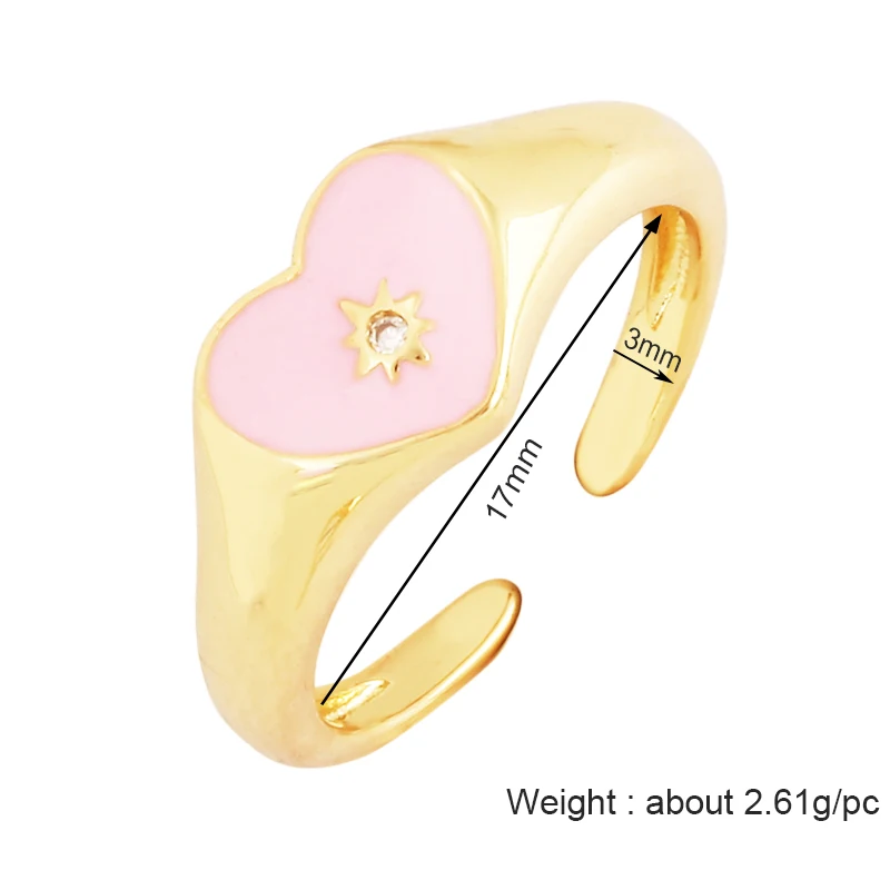 Love Heart Shape 18K Gold Plated Finger Ring,Colourful Enamel Coated Zircon Open Adjustable Rings Jewelry Findings Supplies P34