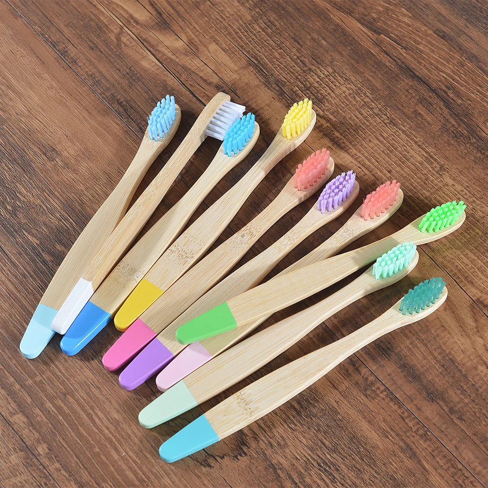 Children 10 Pieces Colorful Bamboo Toothbrush Nylon Bristle Eco Paint Toothbrush Kids Arosse a Dent Bambou Vegan Tooth Dental