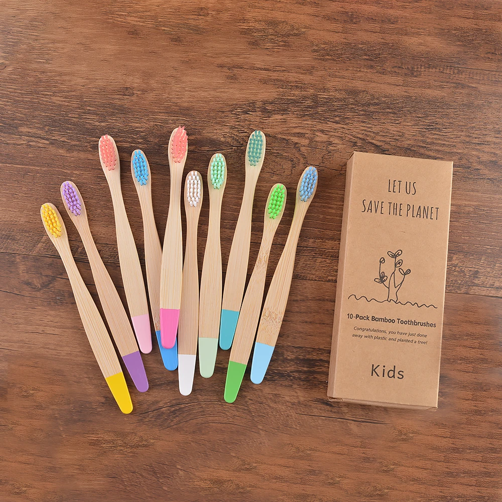 Children 10 Pieces Colorful Bamboo Toothbrush Nylon Bristle Eco Paint Toothbrush Kids Arosse a Dent Bambou Vegan Tooth Dental