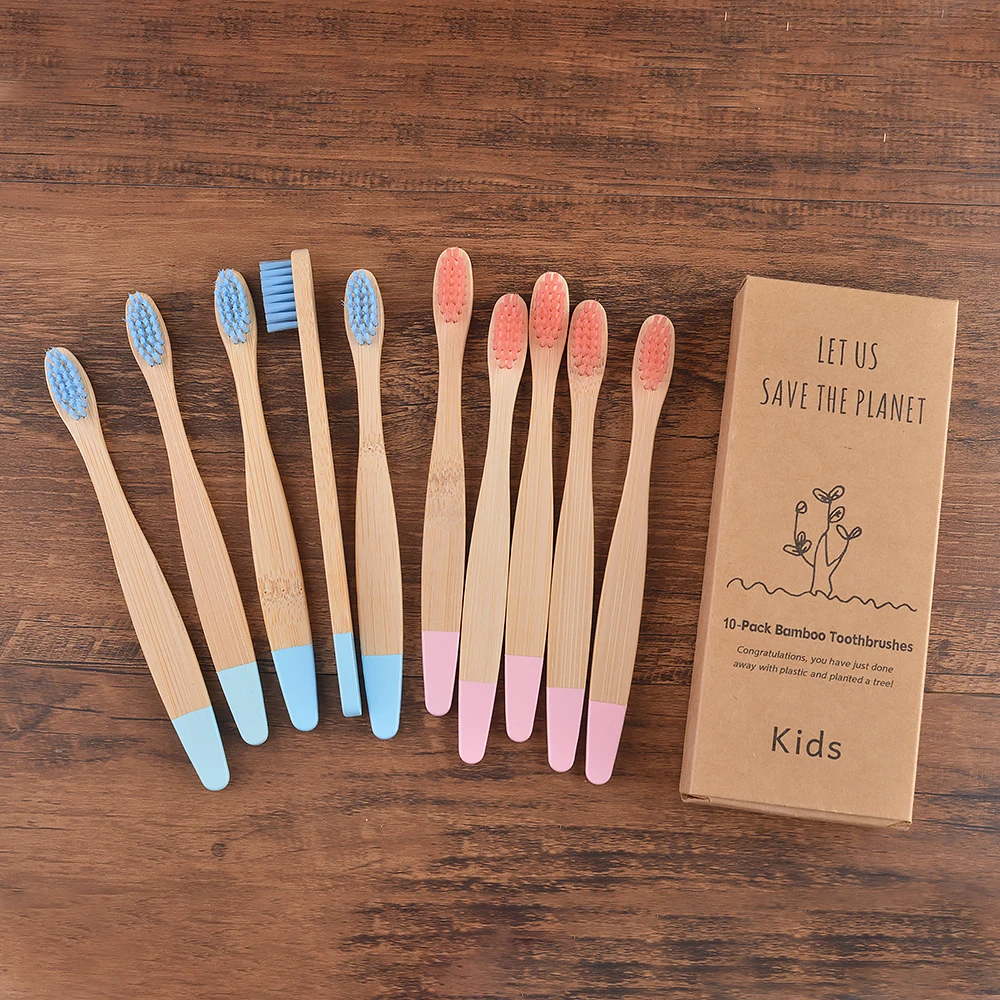 Children 10 Pieces Colorful Bamboo Toothbrush Nylon Bristle Eco Paint Toothbrush Kids Arosse a Dent Bambou Vegan Tooth Dental