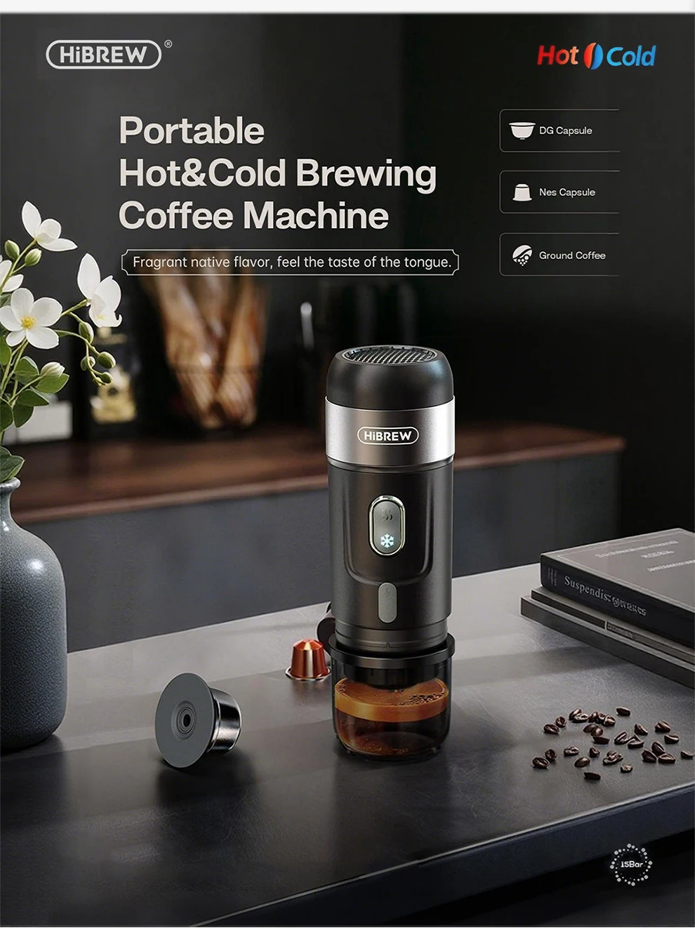HiBREW Portable Coffee Machine for Car & Home,DC12V Expresso Coffee Maker Fit Nexpresso Dolce Pod Capsule Coffee Powder H4A NEW