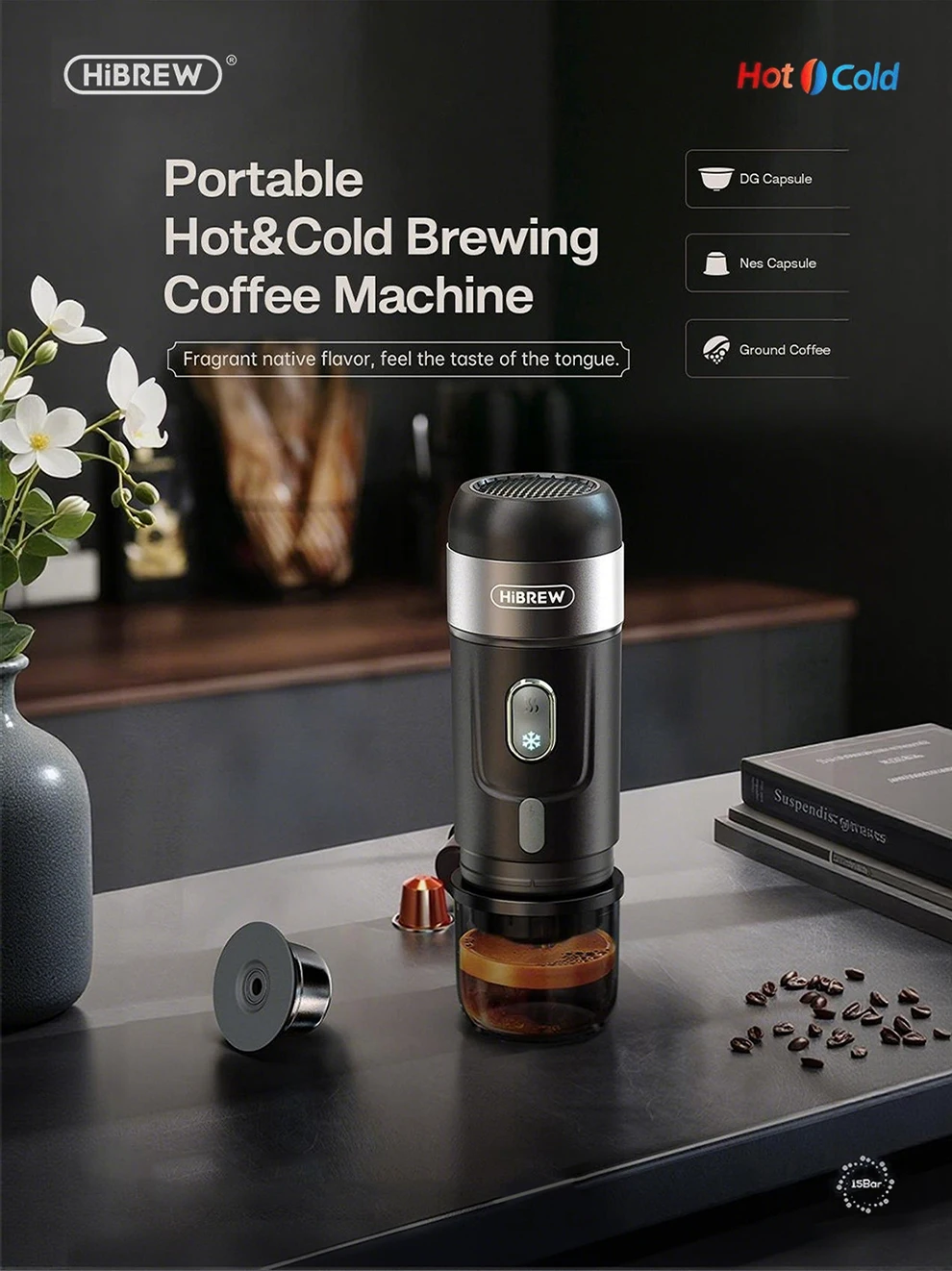 HiBREW Portable Coffee Machine for Car & Home,DC12V Expresso Coffee Maker Fit Nexpresso Dolce Pod Capsule Coffee Powder H4A NEW