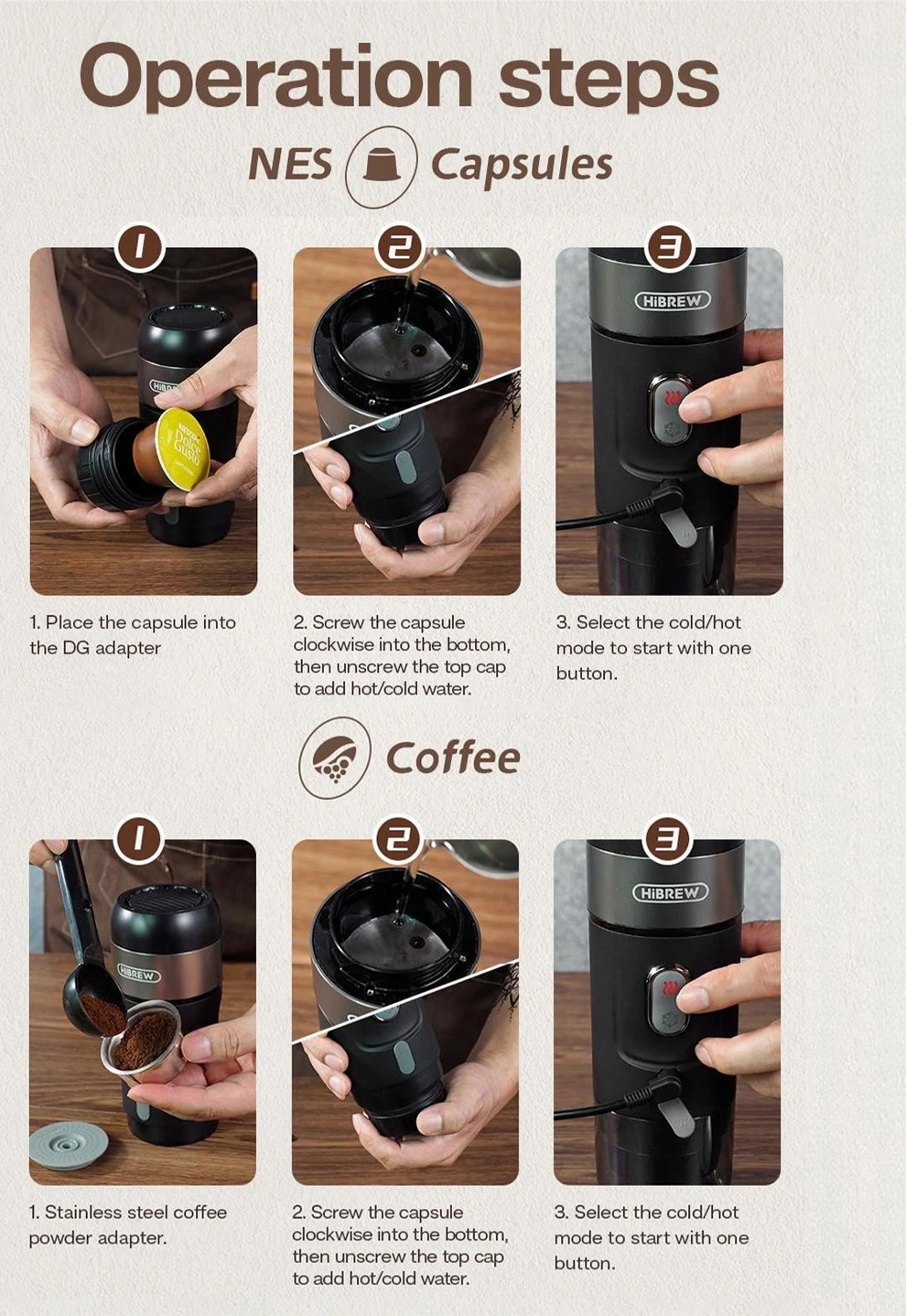 HiBREW Portable Coffee Machine for Car & Home,DC12V Expresso Coffee Maker Fit Nexpresso Dolce Pod Capsule Coffee Powder H4A NEW