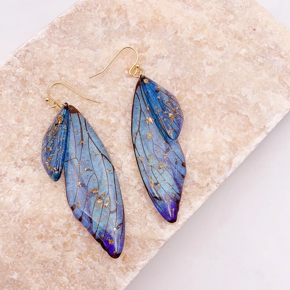 Minar Fantasy Rose Red Blue Green Color Resin Simulation Wings Long Drop Earrings for Women Rhinestone Flake Butterfly Earring