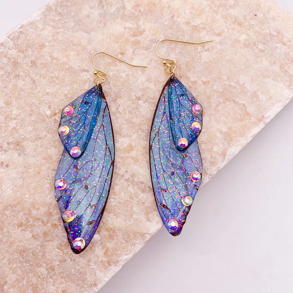 Minar Fantasy Rose Red Blue Green Color Resin Simulation Wings Long Drop Earrings for Women Rhinestone Flake Butterfly Earring