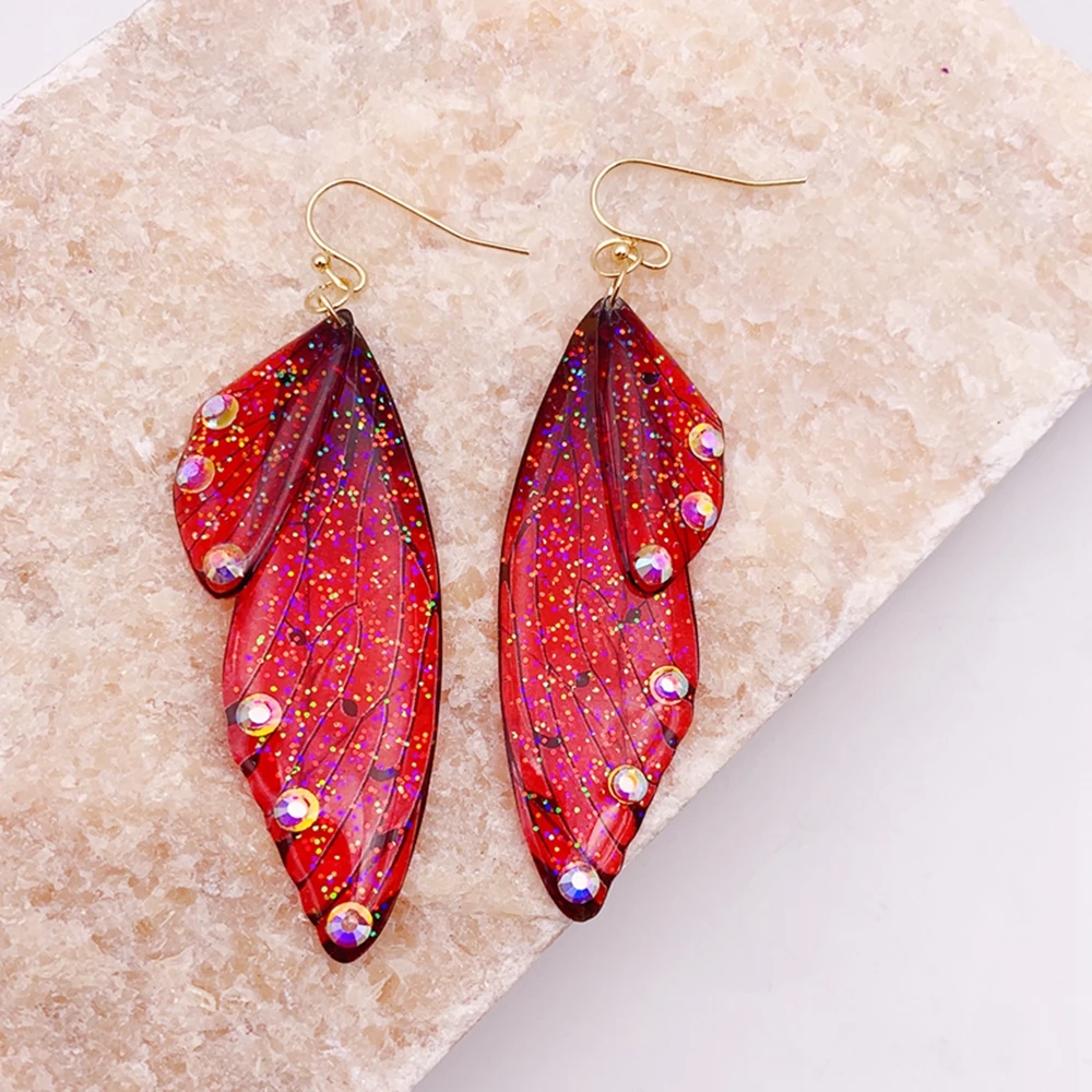 Minar Fantasy Rose Red Blue Green Color Resin Simulation Wings Long Drop Earrings for Women Rhinestone Flake Butterfly Earring