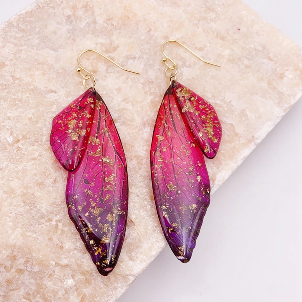 Minar Fantasy Rose Red Blue Green Color Resin Simulation Wings Long Drop Earrings for Women Rhinestone Flake Butterfly Earring