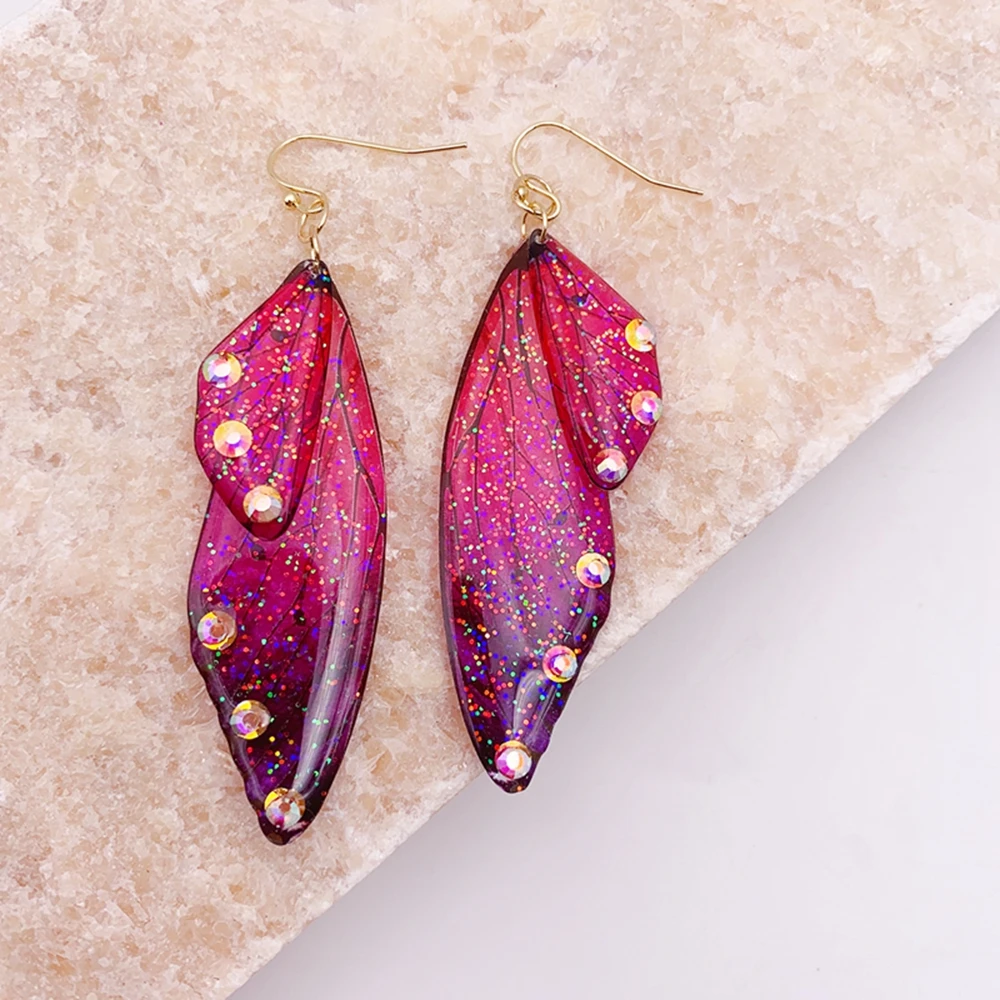 Minar Fantasy Rose Red Blue Green Color Resin Simulation Wings Long Drop Earrings for Women Rhinestone Flake Butterfly Earring