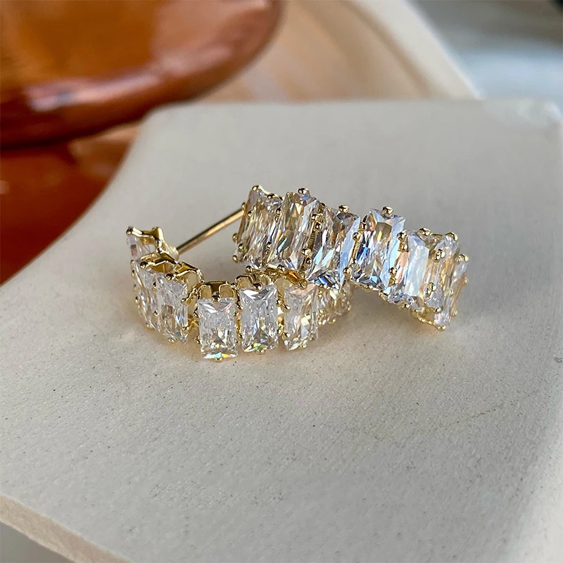 Fashion Fine Sparkle Zircon C Shape Metal Earrings For Women Korean Temperament Accessories Wedding Jewelry Girls Gift