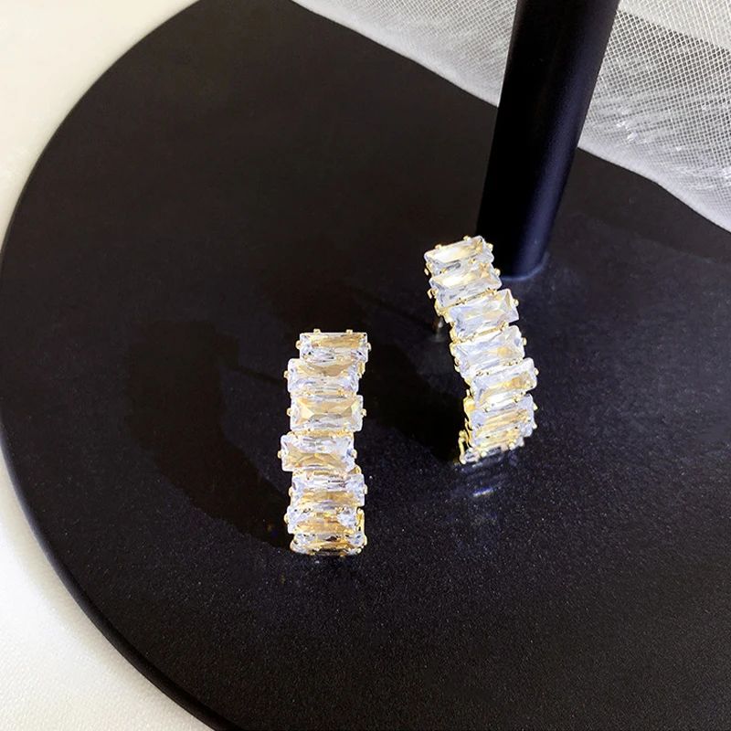 Fashion Fine Sparkle Zircon C Shape Metal Earrings For Women Korean Temperament Accessories Wedding Jewelry Girls Gift