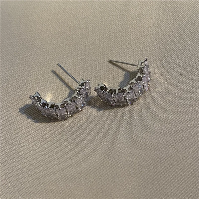 Fashion Fine Sparkle Zircon C Shape Metal Earrings For Women Korean Temperament Accessories Wedding Jewelry Girls Gift