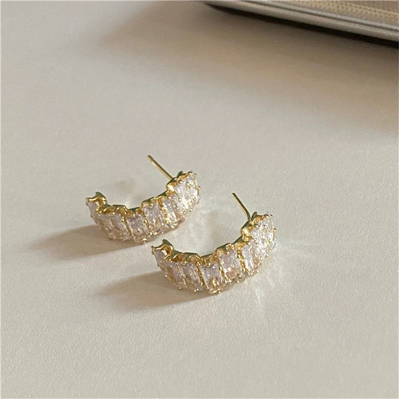Fashion Fine Sparkle Zircon C Shape Metal Earrings For Women Korean Temperament Accessories Wedding Jewelry Girls Gift