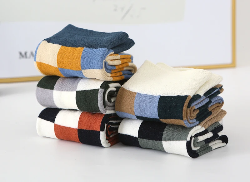 5Pair-pack New Men's Socks Colorful Grid Sock Casual Business High Quality Happy Combed Cotton Socks Fashion Gentleman Socks Men