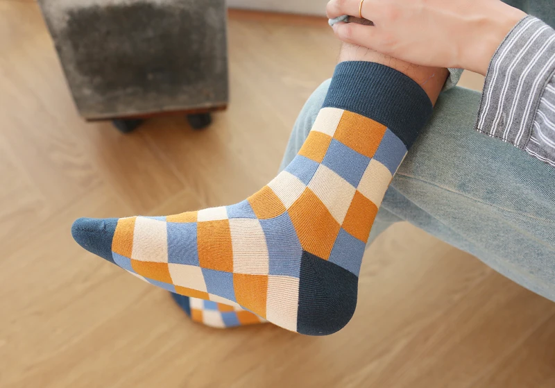 5Pair-pack New Men's Socks Colorful Grid Sock Casual Business High Quality Happy Combed Cotton Socks Fashion Gentleman Socks Men