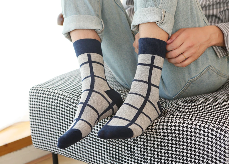 5Pair-pack New Men's Socks Colorful Grid Sock Casual Business High Quality Happy Combed Cotton Socks Fashion Gentleman Socks Men