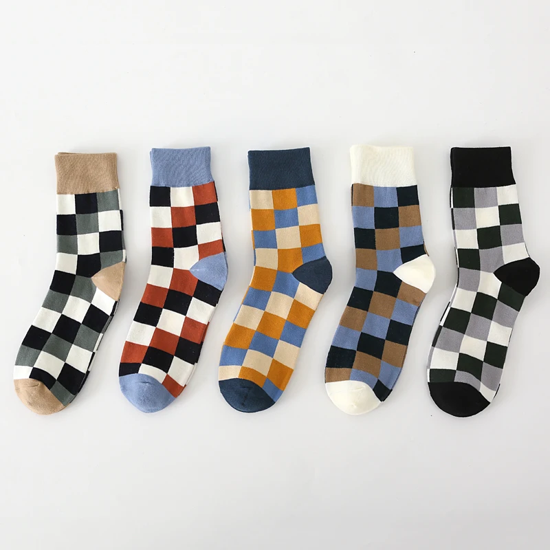 5Pair-pack New Men's Socks Colorful Grid Sock Casual Business High Quality Happy Combed Cotton Socks Fashion Gentleman Socks Men