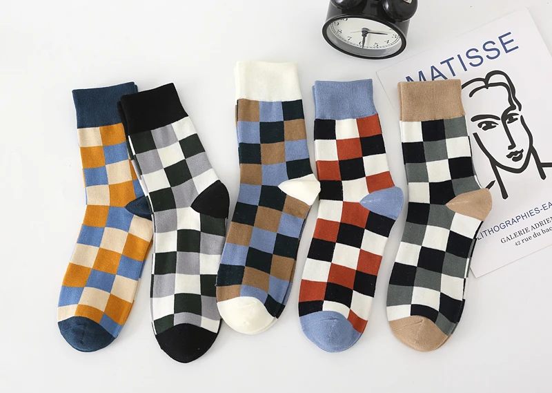 5Pair-pack New Men's Socks Colorful Grid Sock Casual Business High Quality Happy Combed Cotton Socks Fashion Gentleman Socks Men