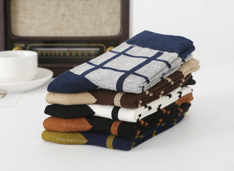 5Pair-pack New Men's Socks Colorful Grid Sock Casual Business High Quality Happy Combed Cotton Socks Fashion Gentleman Socks Men