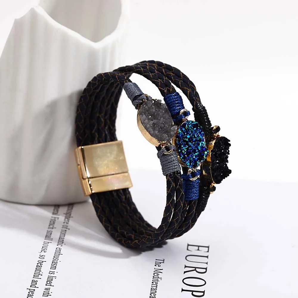 ALLYES Vintage Natural Stones Leather Bracelet for Women Men Boho Handmade Braided Multilayer Winding Wrap Bracelets Jewelry