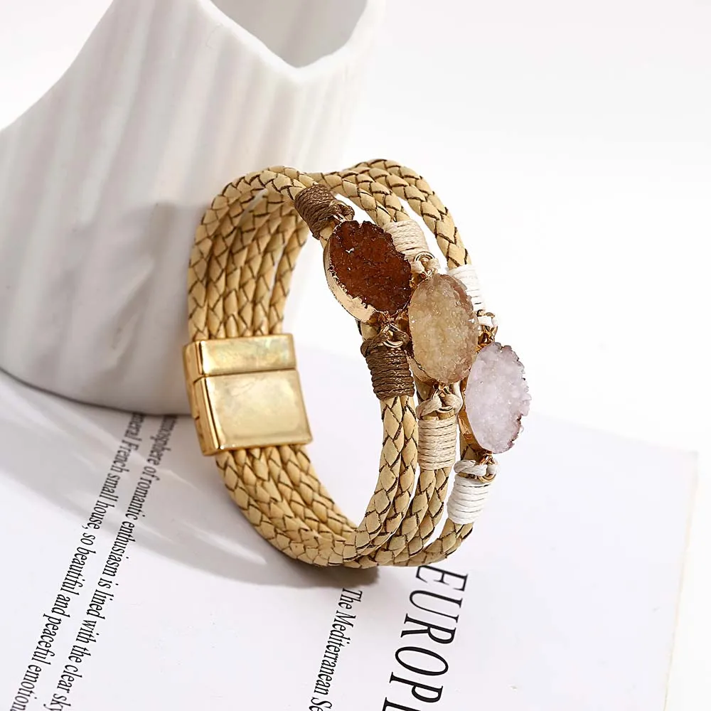 ALLYES Vintage Natural Stones Leather Bracelet for Women Men Boho Handmade Braided Multilayer Winding Wrap Bracelets Jewelry