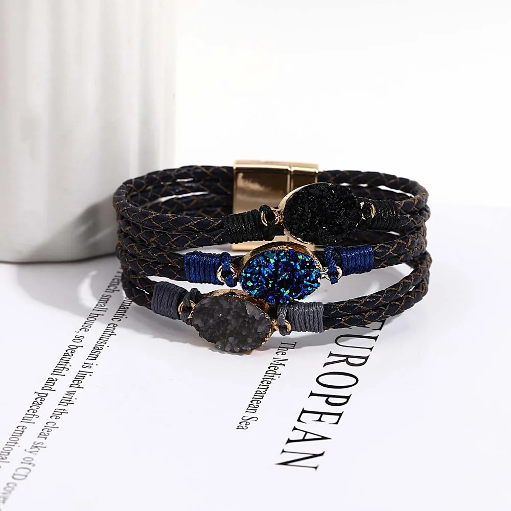 ALLYES Vintage Natural Stones Leather Bracelet for Women Men Boho Handmade Braided Multilayer Winding Wrap Bracelets Jewelry