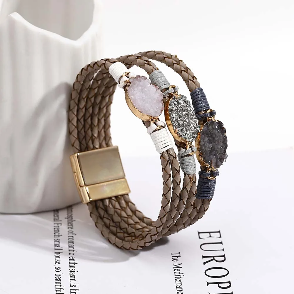 ALLYES Vintage Natural Stones Leather Bracelet for Women Men Boho Handmade Braided Multilayer Winding Wrap Bracelets Jewelry