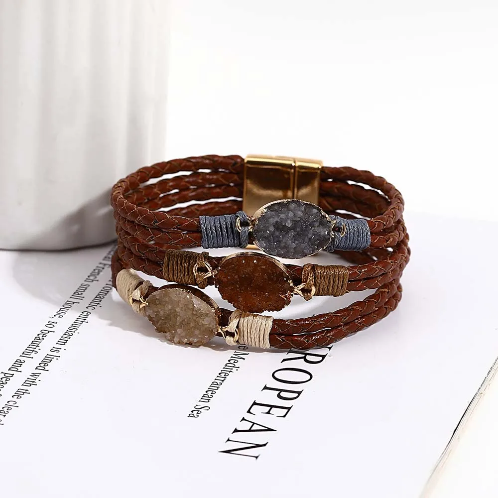 ALLYES Vintage Natural Stones Leather Bracelet for Women Men Boho Handmade Braided Multilayer Winding Wrap Bracelets Jewelry