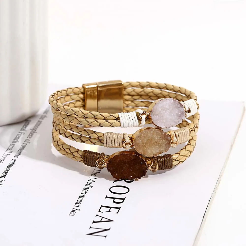 ALLYES Vintage Natural Stones Leather Bracelet for Women Men Boho Handmade Braided Multilayer Winding Wrap Bracelets Jewelry