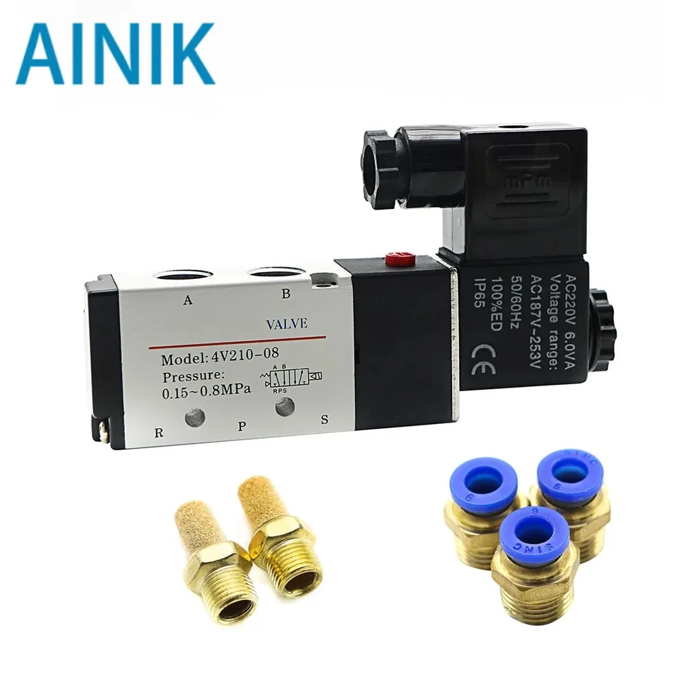Pneumatic Electric Solenoid Valve 4V210-08 5 Way 2 Position Control Air Gas Magnetic Valve 12V 24V 220V 4mm-12mm Hose Fittings