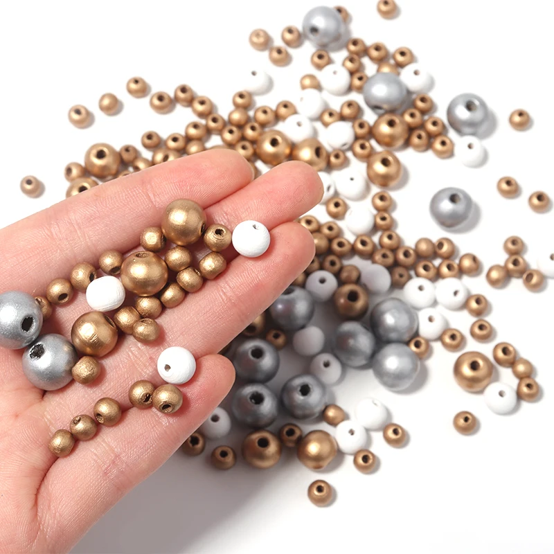50-200pcs Natural Wood Ball Beads Gold White Color 6-12mm Round Loose Spacer Beads For Jewelry Making DIY Necklace Bracelet