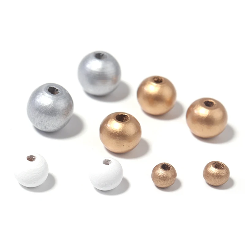 50-200pcs Natural Wood Ball Beads Gold White Color 6-12mm Round Loose Spacer Beads For Jewelry Making DIY Necklace Bracelet