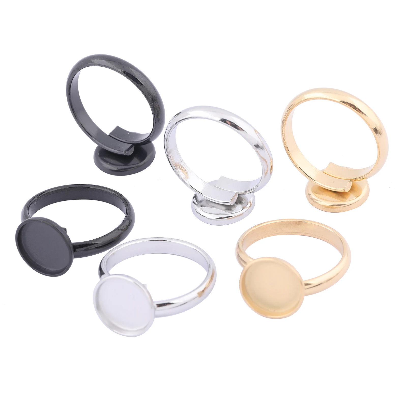 10pcs 10mm Cabochon Ring Base Setting Blanks Gold Plated Black Stainelss Steel Adjustable Fingerring Bezels For Jewelry Making