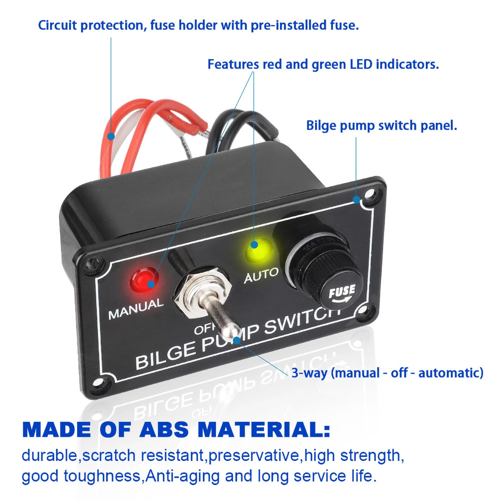 3 Way Marine Bilge Pump Control Switch Panel 12V 5A DC 3 Positions Manual/Off/Auto With Fuse LED for Yacht Camper Truck Boat RV
