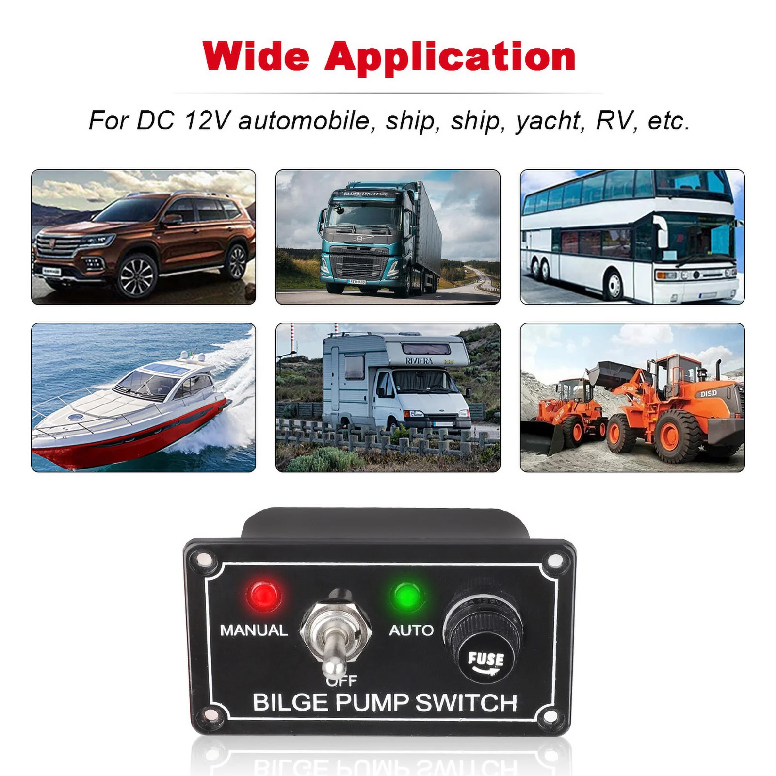 3 Way Marine Bilge Pump Control Switch Panel 12V 5A DC 3 Positions Manual/Off/Auto With Fuse LED for Yacht Camper Truck Boat RV