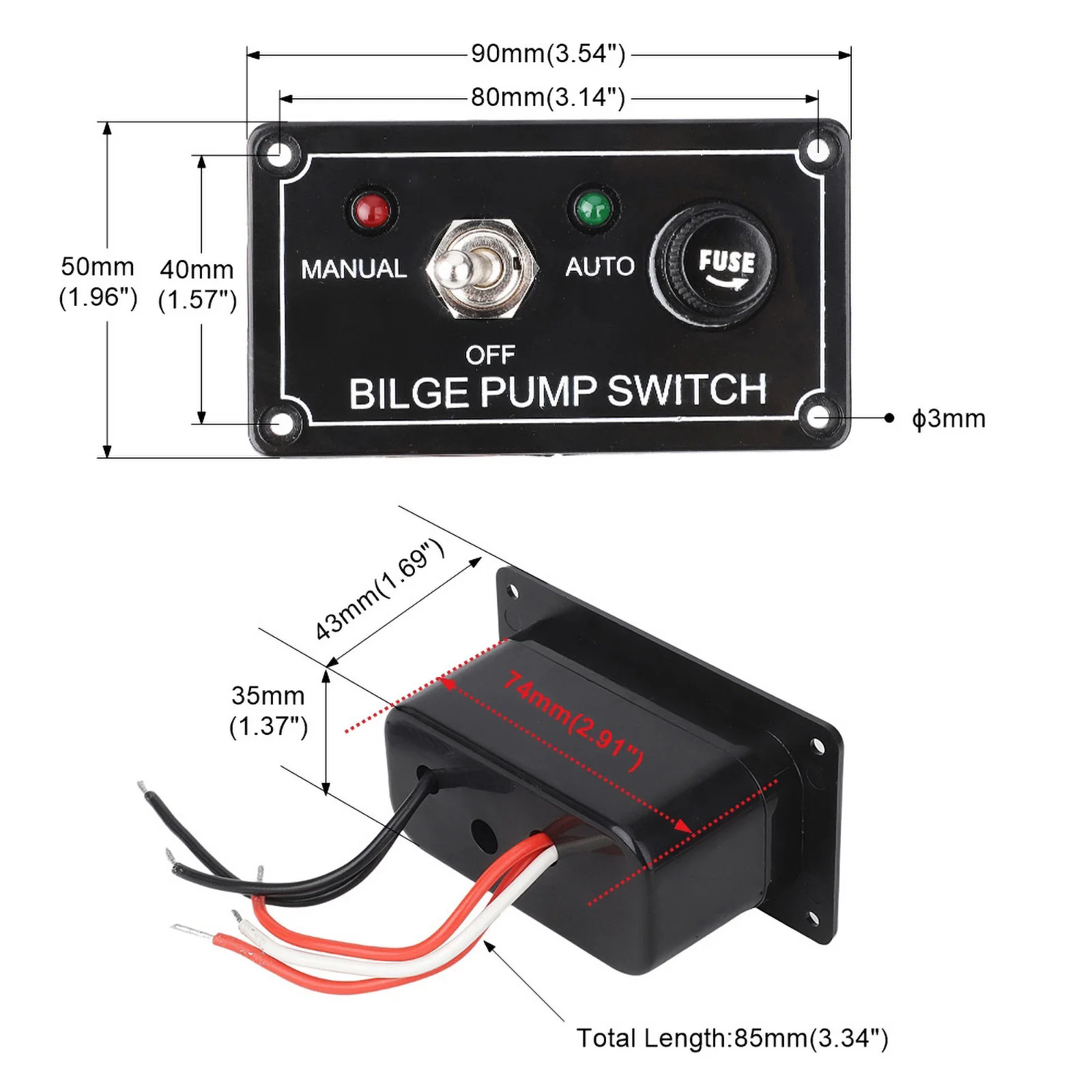 3 Way Marine Bilge Pump Control Switch Panel 12V 5A DC 3 Positions Manual/Off/Auto With Fuse LED for Yacht Camper Truck Boat RV