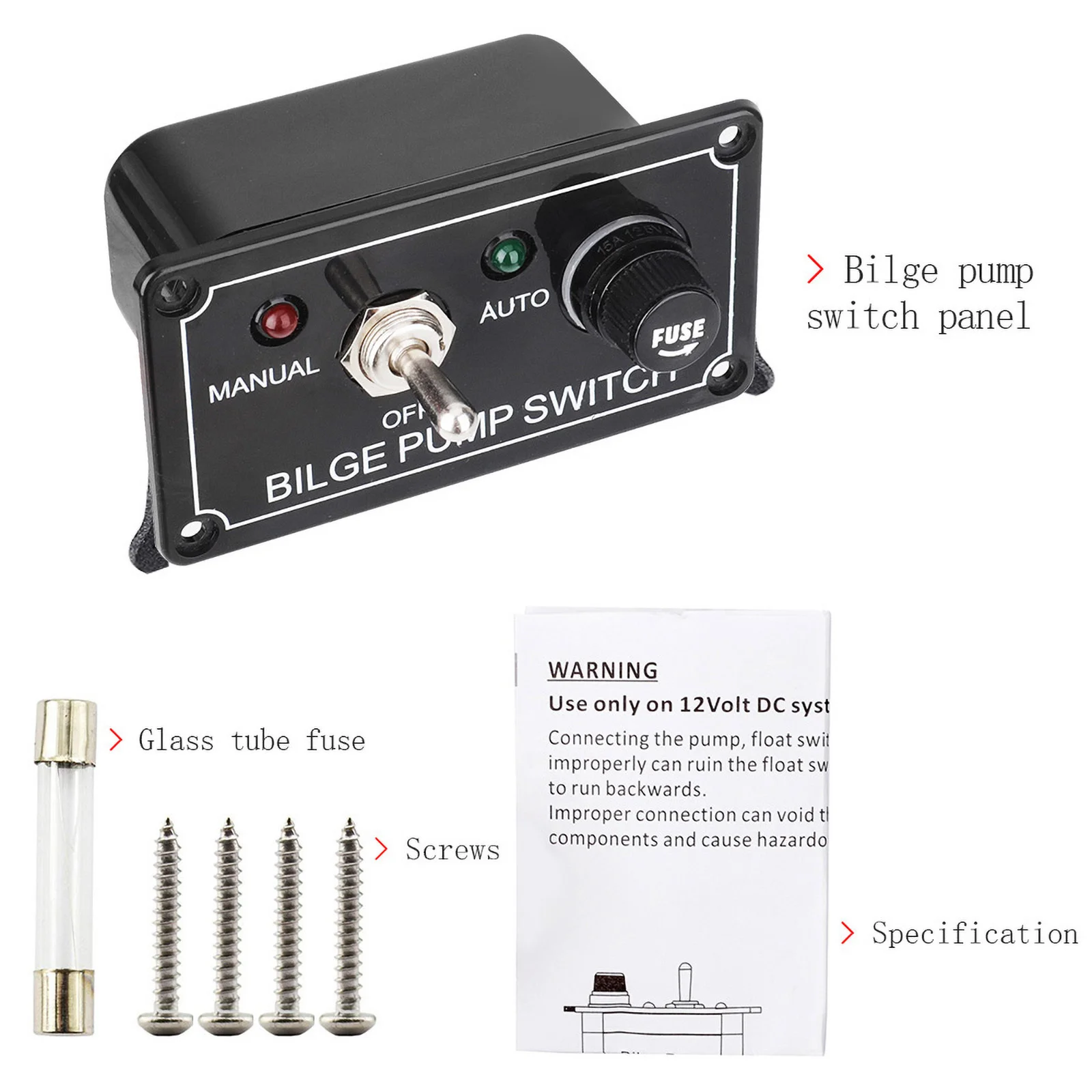 3 Way Marine Bilge Pump Control Switch Panel 12V 5A DC 3 Positions Manual/Off/Auto With Fuse LED for Yacht Camper Truck Boat RV