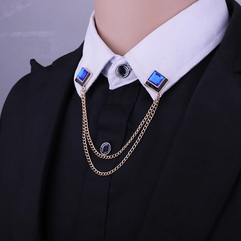 Korean Fashion Geometric Crystal Brooch Tassel Chain Lapel Pin Men's Shirt Collar Jewelry Wedding Party Brooches Accessories