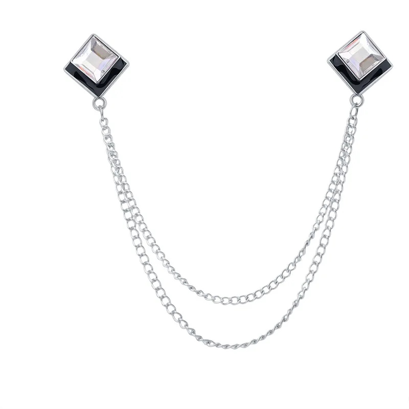 Korean Fashion Geometric Crystal Brooch Tassel Chain Lapel Pin Men's Shirt Collar Jewelry Wedding Party Brooches Accessories