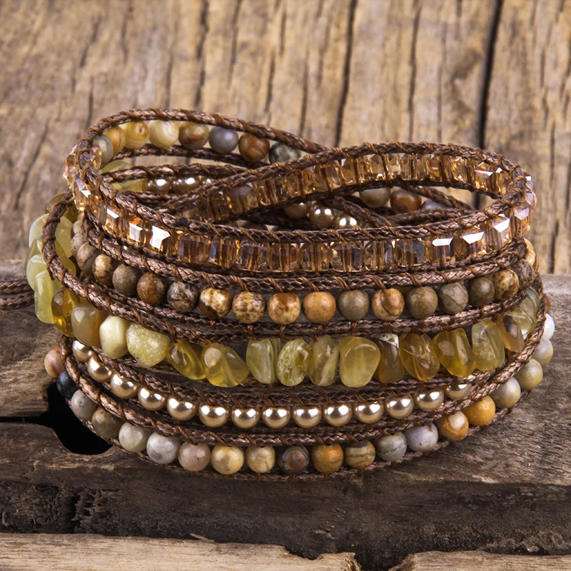 Fashion Bohemian Jewelry Natural Stones Designer 5 Strands Mix Handmade Wrap Bracelets Festival Gift