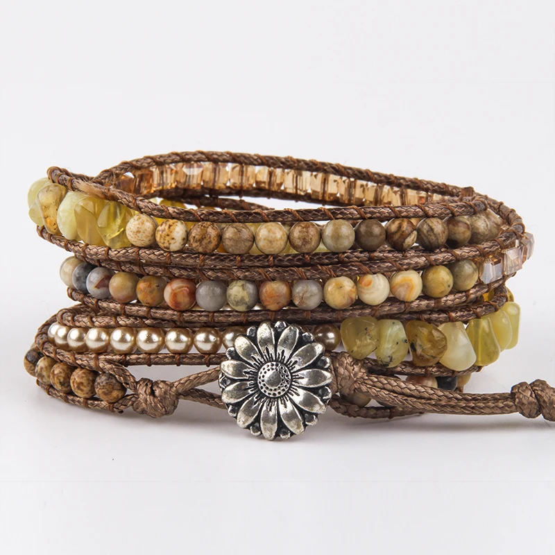 Fashion Bohemian Jewelry Natural Stones Designer 5 Strands Mix Handmade Wrap Bracelets Festival Gift